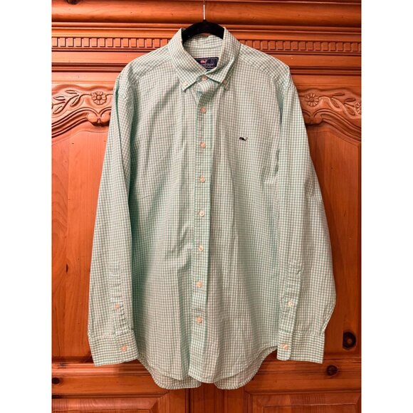 Vineyard Vines Mens Whale Shirt Button-Down Green White Gingham Size Medium - Picture 1 of 6
